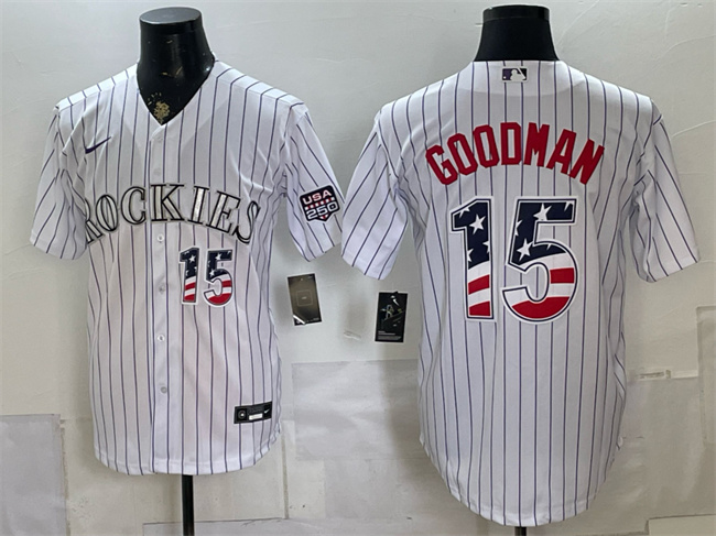 Men's Colorado Rockies #15 Hunter Goodman White 2026 USA 250 Fourth of July Home Stitched Baseball Jersey