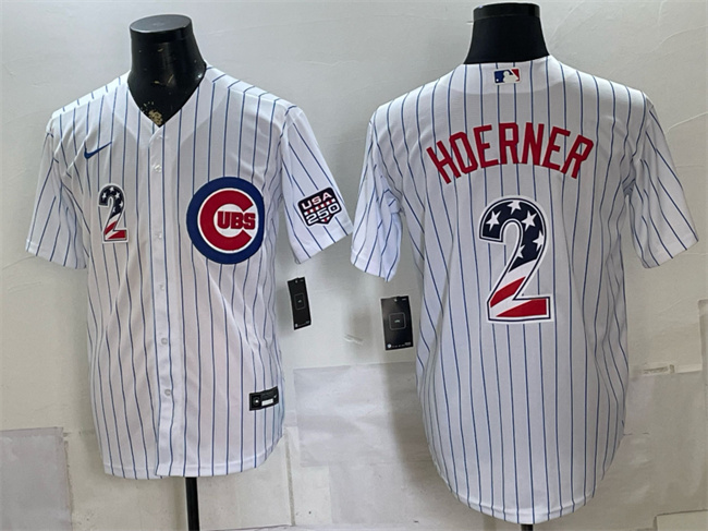 Men's Chicago Cubs #2 Nico Hoerner White 2026 USA 250 Fourth of July Home Stadium Stitched Baseball Jersey