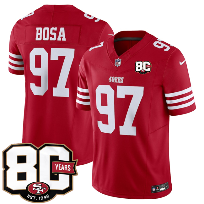 Men's San Francisco 49ers #97 Nick Bosa Red 80th Anniversary Patch 2026 F.U.S.E. Vapor Untouchabl2026 F.U.S.E. Vapor Untouchable Limited Stitched Football Jersey