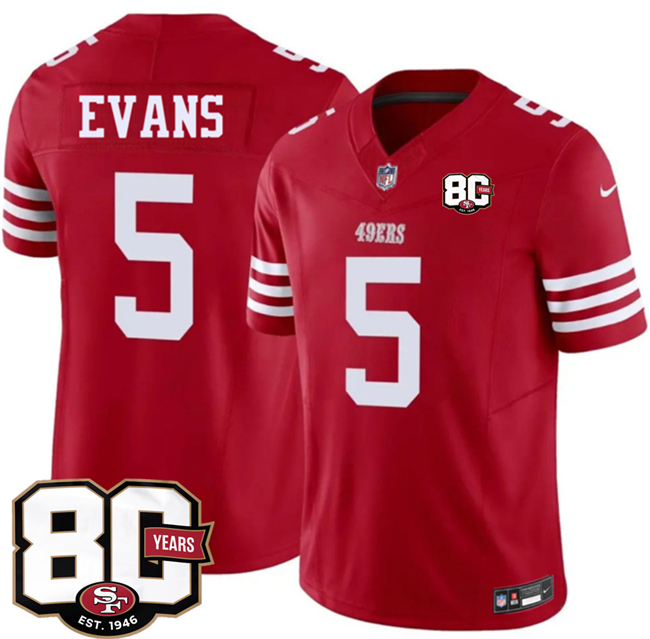Men's San Francisco 49ers #5 Mike Evans Red 80th Anniversary Patch 2026 F.U.S.E. Vapor Untouchabl2026 F.U.S.E. Vapor Untouchable Limited Stitched Football Jersey
