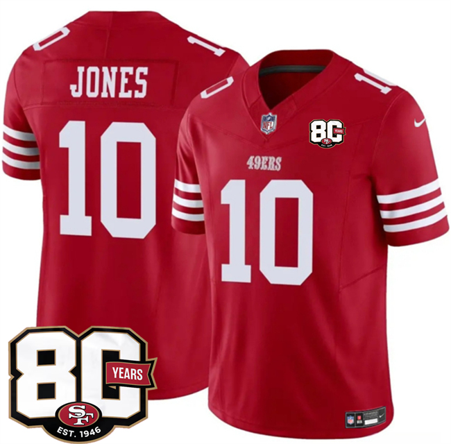 Men's San Francisco 49ers #10 Mac Jones Red 80th Anniversary Patch 2026 F.U.S.E. Vapor Untouchabl2026 F.U.S.E. Vapor Untouchable Limited Stitched Football Jersey