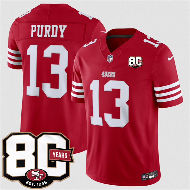 Men's San Francisco 49ers #13 Brock Purdy Red 80th Anniversary Patch 2026 F.U.S.E. Vapor Untouchabl2026 F.U.S.E. Vapor Untouchable Limited Stitched Football Jersey