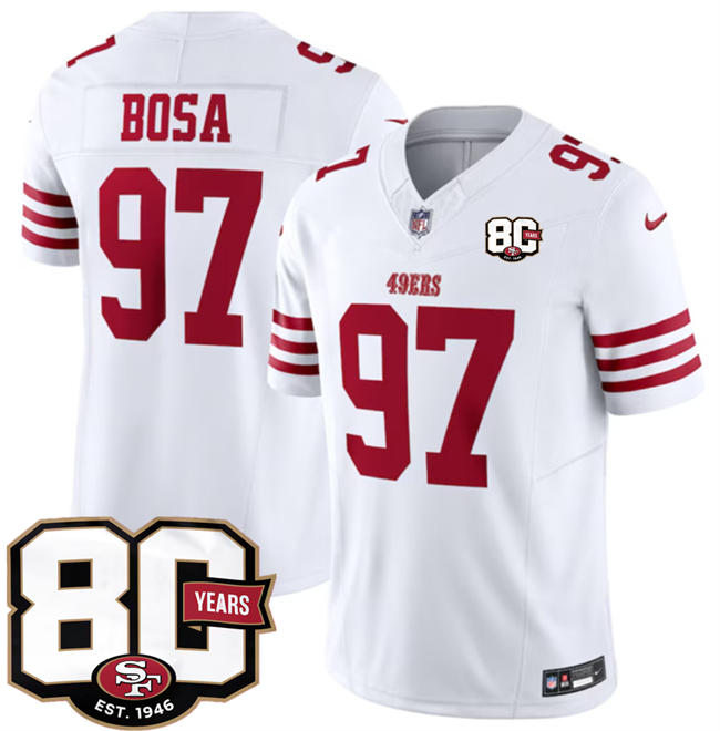 Men's San Francisco 49ers #97 Nick Bosa White 80th Anniversary Patch 2026 F.U.S.E. Vapor Untouchabl2026 F.U.S.E. Vapor Untouchable Limited Stitched Football Jersey