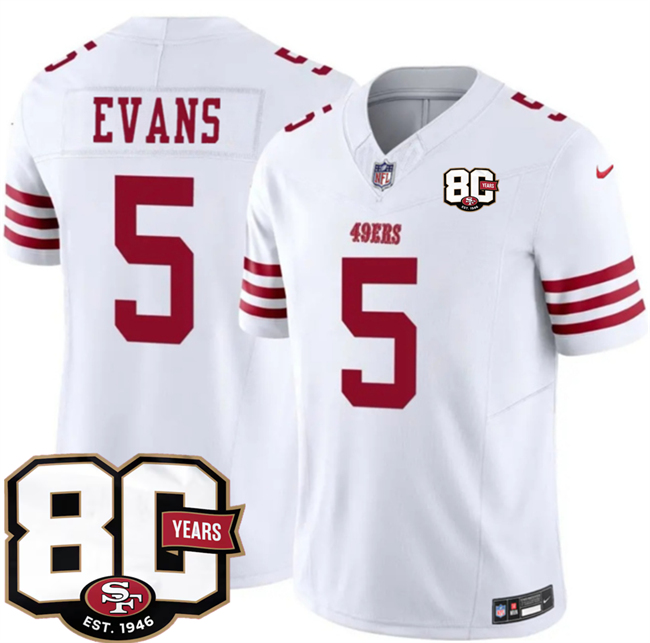 Men's San Francisco 49ers #5 Mike Evans White 80th Anniversary Patch 2026 F.U.S.E. Vapor Untouchabl2026 F.U.S.E. Vapor Untouchable Limited Stitched Football Jersey