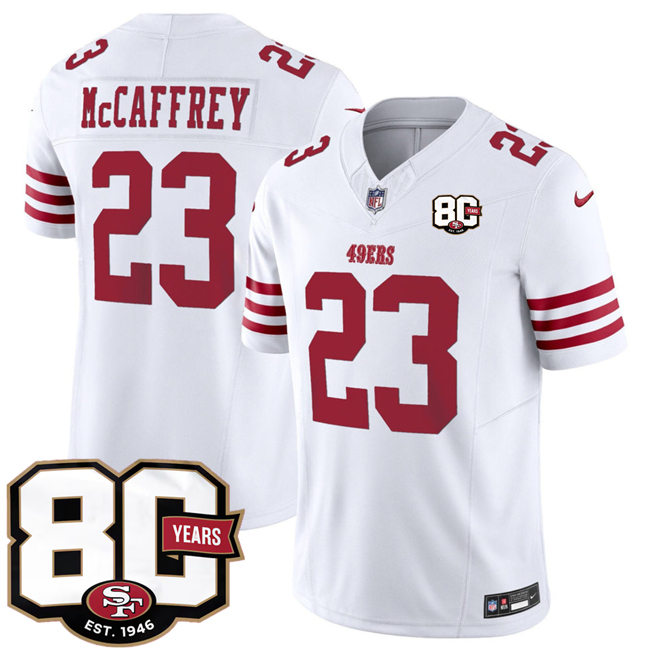 Men's San Francisco 49ers #23 Christian McCaffrey White 80th Anniversary Patch 2026 F.U.S.E. Vapor Untouchabl2026 F.U.S.E. Vapor Untouchable Limited Stitched Football Jersey
