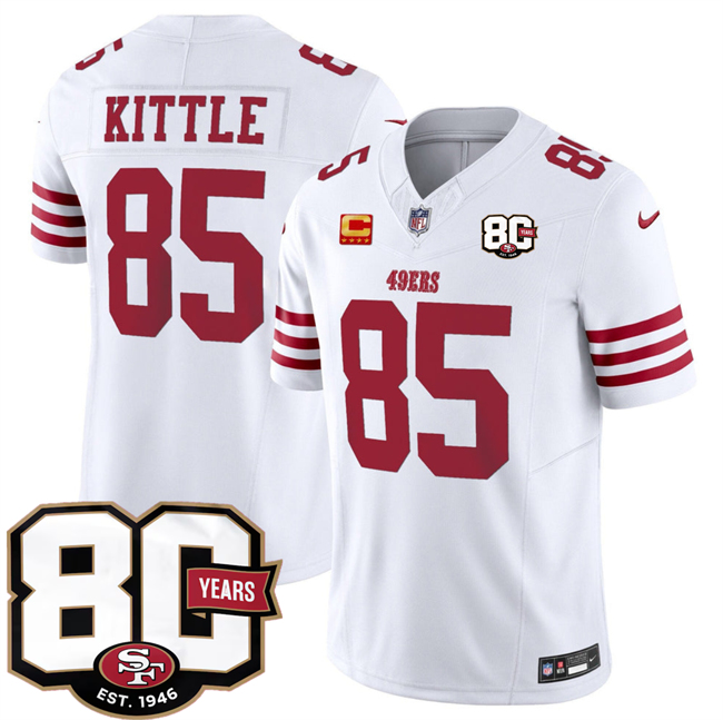 Men's San Francisco 49ers #85 George kittle White 80th Anniversary Patch And 4-Star C Patch 2026 F.U.S.E. Vapor Untouchabl2026 F.U.S.E. Vapor Untouchable Limited Stitched Football Jersey