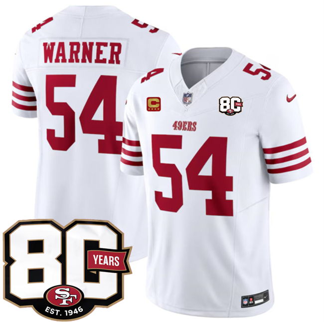 Men's San Francisco 49ers #54 Fred Warner White 80th Anniversary Patch And 4-Star C Patch 2026 F.U.S.E. Vapor Untouchabl2026 F.U.S.E. Vapor Untouchable Limited Stitched Football Jersey