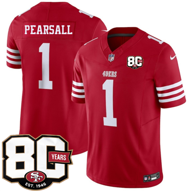 Men's San Francisco 49ers #1 Ricky Pearsall Red 80th Anniversary Patch 2026 F.U.S.E. Vapor Untouchabl2026 F.U.S.E. Vapor Untouchable Limited Stitched Football Jersey