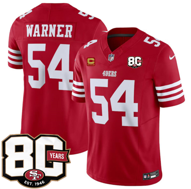 Men's San Francisco 49ers #54 Fred Warner Red 80th Anniversary Patch And 4-Star C Patch 2026 F.U.S.E. Vapor Untouchabl2026 F.U.S.E. Vapor Untouchable Limited Stitched Football Jersey