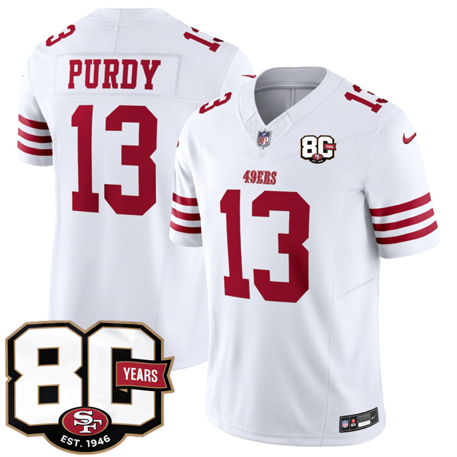Men's San Francisco 49ers #13 Brock Purdy White 80th Anniversary Patch 2026 F.U.S.E. Vapor Untouchabl2026 F.U.S.E. Vapor Untouchable Limited Stitched Football Jersey