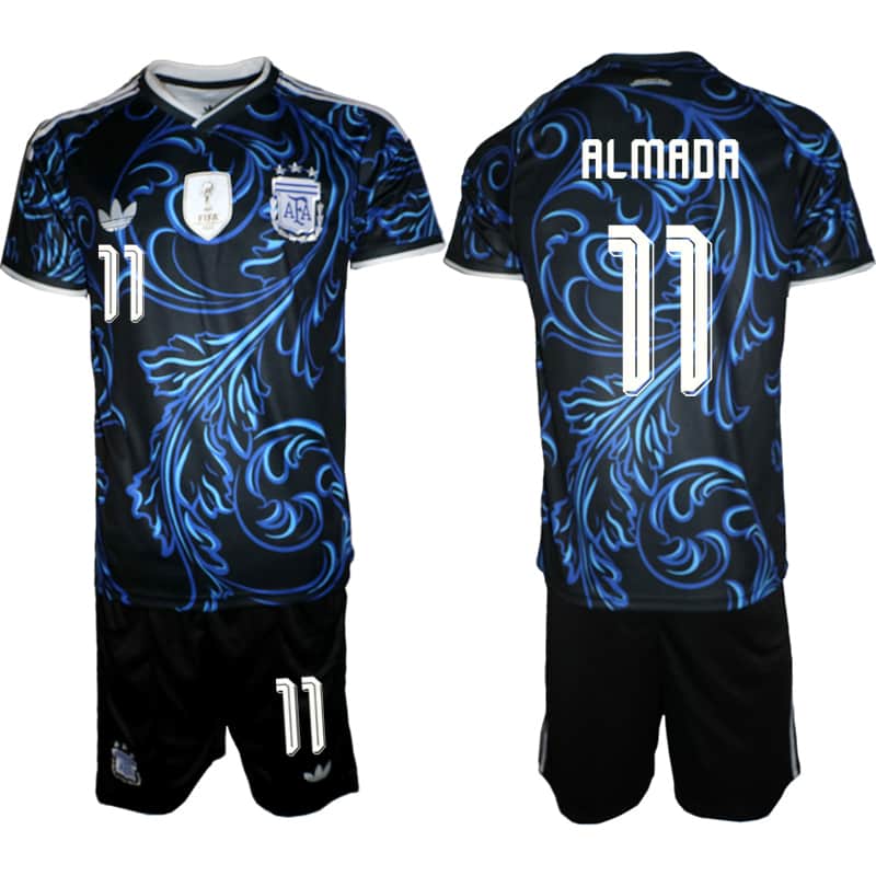 Men's Argentina #11 Thiago Almada Black Blue 2026 Away Soccer Jersey Suit