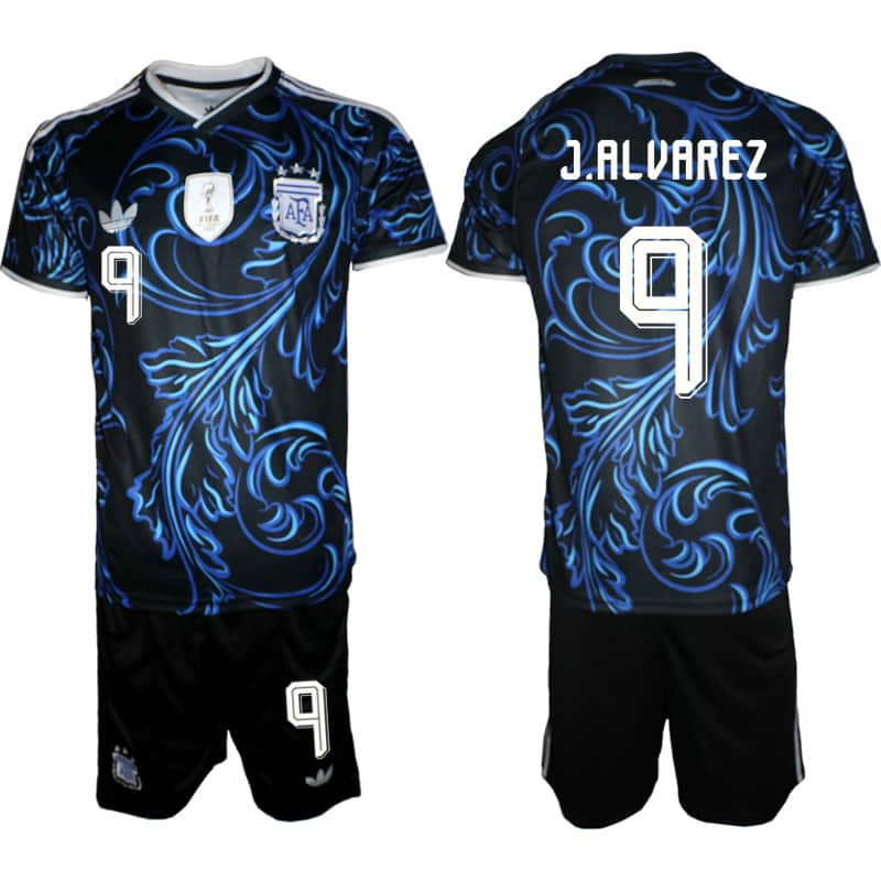 Men's Argentina #9 Julian Alvarez Black Blue 2026 Away Soccer Jersey Suit