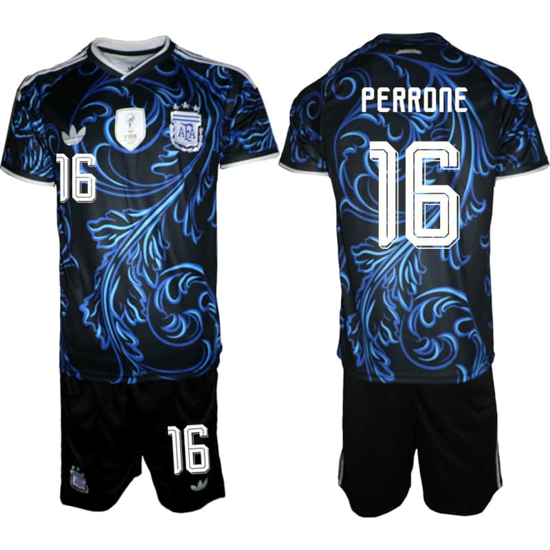 Men's Argentina #16 Maximo Perrone Black Blue 2026 Away Soccer Jersey Suit