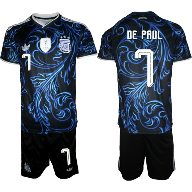 Men's Argentina #7 Rodrigo De Paul Black Blue 2026 Away Soccer Jersey Suit