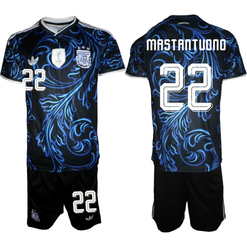 Men's Argentina #22 Franco Mastantuono Black Blue 2026 Away Soccer Jersey Suit
