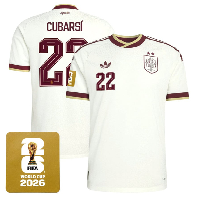 Men's Spain Team #22 Pau Cubarsi White 2026 World Cup Away Soccer Jersey