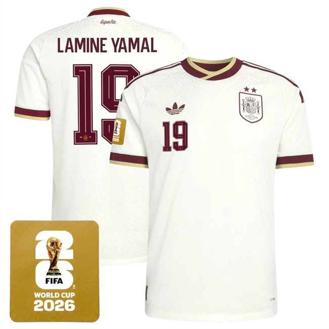 Men's Spain Team #19 Lamine Yamal White 2026 World Cup Away Soccer Jersey