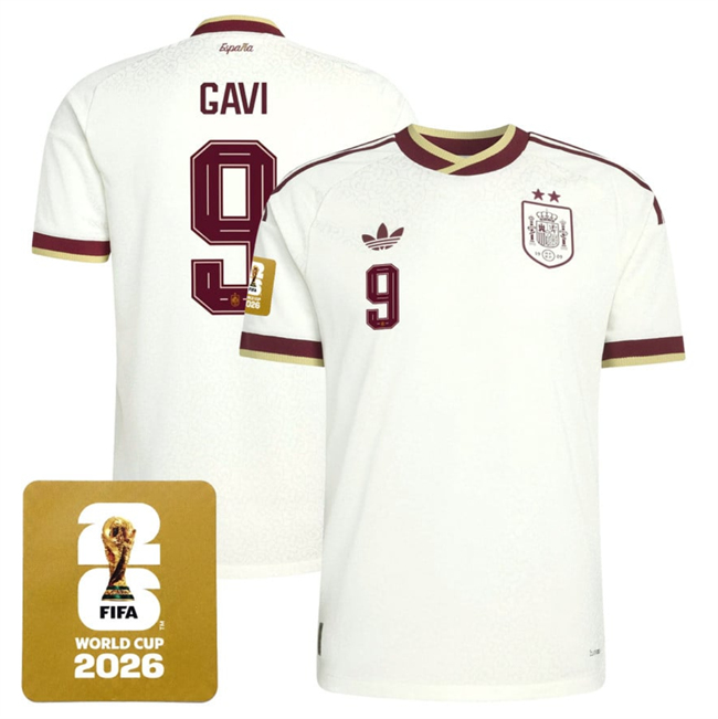 Men's Spain Team #9 Gavi White 2026 World Cup Away Soccer Jersey