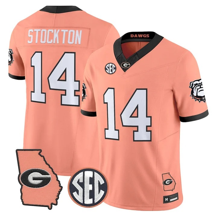 Men's Georgia Bulldogs #14 Gunner Stockton Peach The Big Peach Vapor Limited Jersey - All Stitched