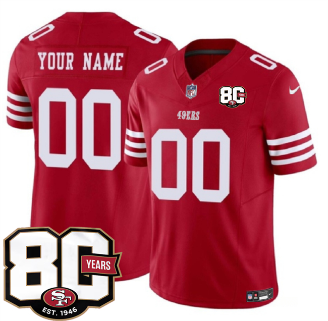 Men's San Francisco 49ers Custom Red 80th Anniversary Patch 2026 F.U.S.E. Vapor Untouchabl2026 F.U.S.E. Vapor Untouchable Limited Stitched Football Jersey