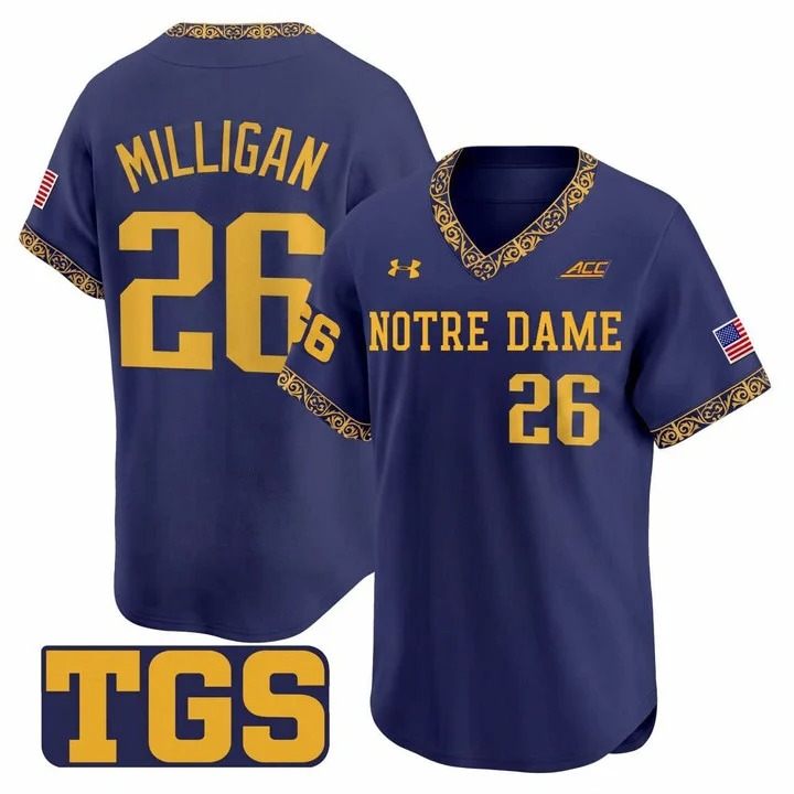 MILLIGAN #26 Notre Dame Fighting Irish Navy Baseball Jersey - All Stitched