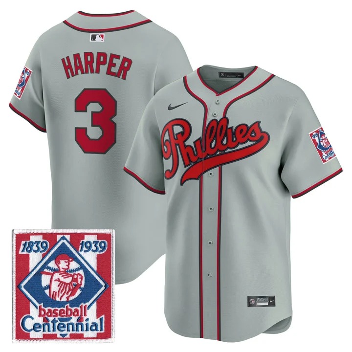 Men's Philadelphia Phillies #3 Bryce Harper Gray 2026 Field of Dreams Stadium Stitched Baseball Jersey