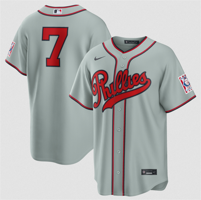 Men's Philadelphia Phillies #7 Trea Turner Gray 2026 Field of Dreams Stadium NO NAME Stitched Baseball Jersey
