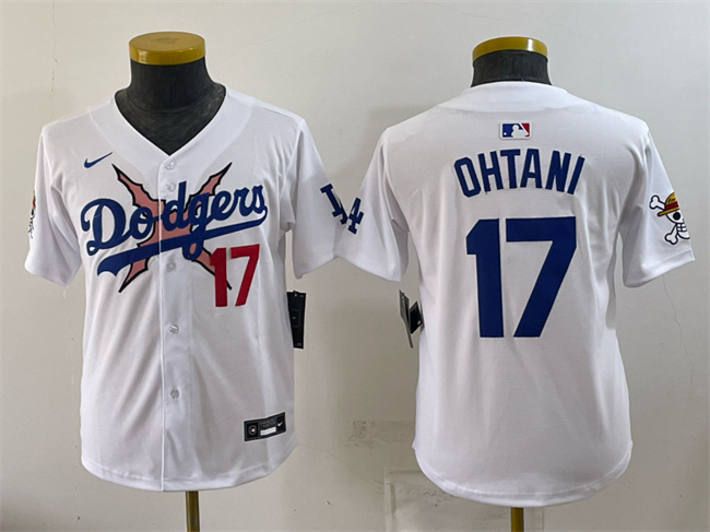 Youth Los Angeles Dodgers x One Piece #17 Shohei Ohtani White Vapor Premier Limited Stitched Baseball Jersey