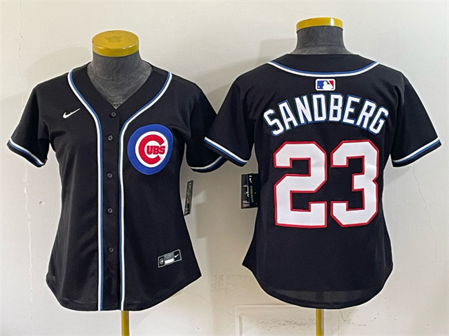 Youth Chicago Cubs #23 Ryne Sandberg 2026 Fashion Replica Black Out Stitched Baseball Jersey