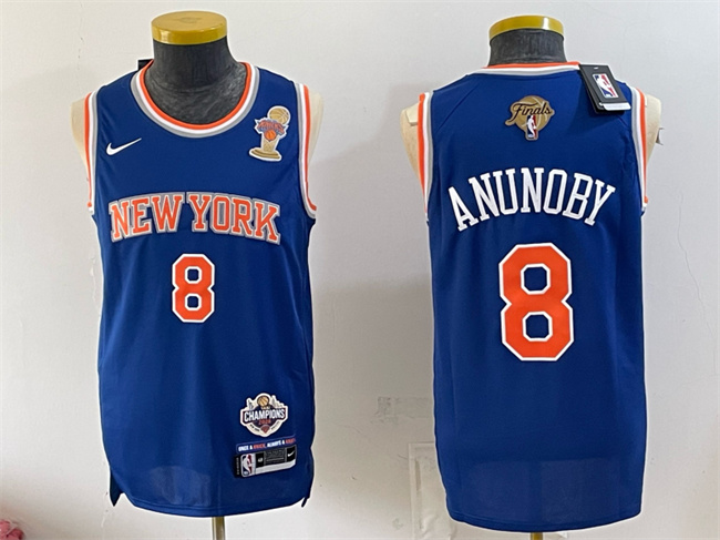 Men's New Yok Knicks #8 OG Anunoby Blue 2026 Finals Champions Patch Statement Edition Stitched Jersey