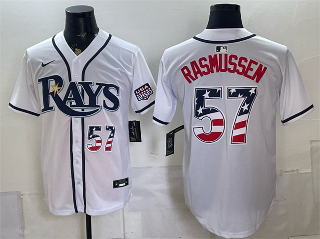 Men's Tampa Bay Rays #57 Drew Rasmussen White 2026 USA 250 Fourth of July Home Stitched Baseball Jersey