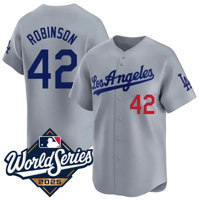 Men's Los Angeles Dodgers #42 Jackie Robinson Gray 2025 World Series Home Limited Stitched Baseball Jersey
