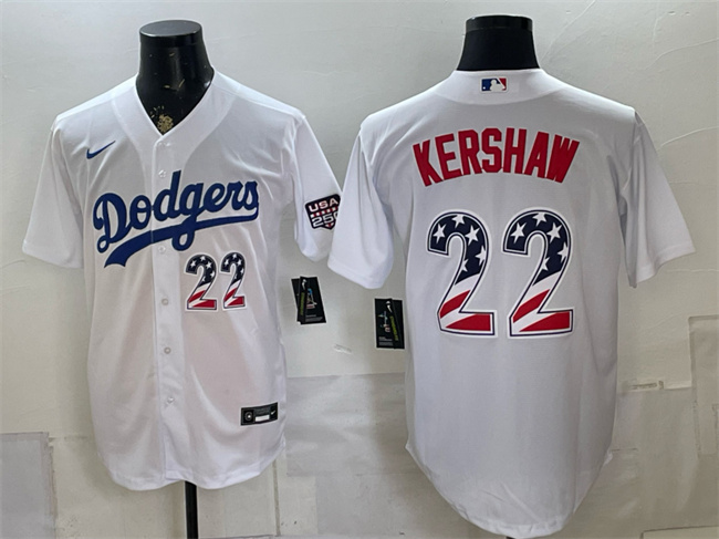 Men's Los Angeles Dodgers #22 Clayton Kershaw White USA 250 Fourth of July Home Stitched Baseball Jersey