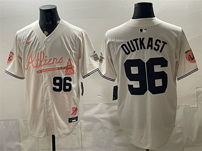 Men's Atlanta Braves #96 OutKast Cream 2024 Atliens & Peach With Outkast Patch Vapor Limited Stitched Baseball Jersey