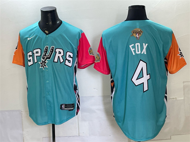 Men's San Antonio Spurs #4 De'Aaron Fox Teal 2026 Finals Patch Stitched Baseball Jersey