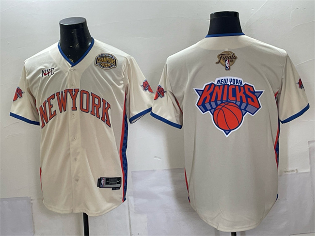 Men's New York Knicks Team Big Logo Cream 2026 Finals & Eastern Conference Champions Patch Stitched Baseball Jersey