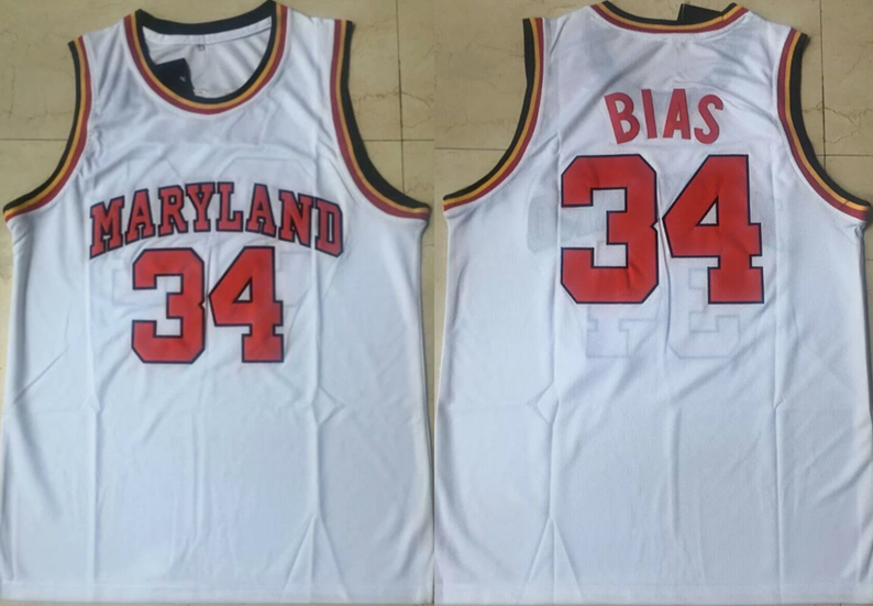 Men's Maryland Terrapins #34 Len Bias White Stitched Basketball Jersey