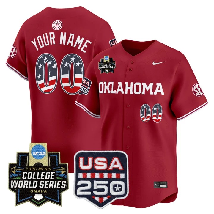 Oklahoma Sooners Crimson USA 250 Fourth of July Vapor Premier Limited Custom Jersey - 2026 World Series Patch - All Stitched