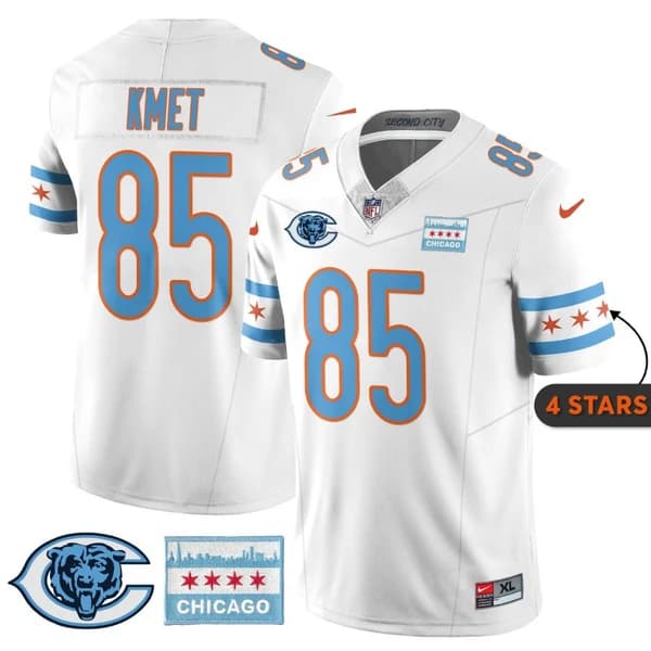 Men's Chicago Bears #85 Cole Kmet White City Edition F.U.S.E. With Chicago Flag Vapor Untouchable Limited Stitched Football Jersey