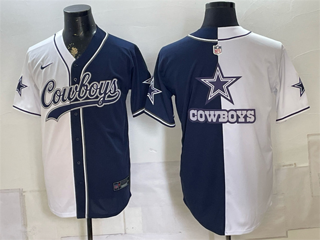 Men's Dallas Cowboys Team Big Logo White Navy Split Stitched Baseball Jerseys