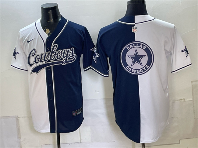 Men's Dallas Cowboys Team Big Logo White Navy Split Stitched Baseball Jersey