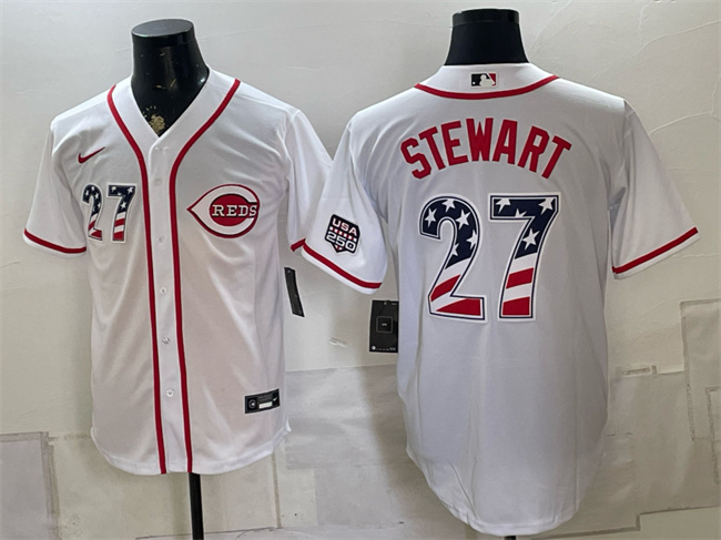 Men's Cincinnati Reds #27 Sal Stewart White 2026 USA 250 Fourth of July Home Stitched Baseball Jersey