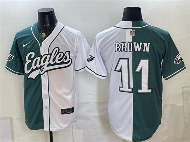 Men's Philadelphia Eagles #11 A.J. Brown Green White Split Stitched Jersey