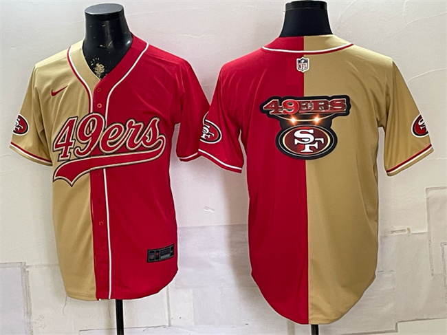 Men's San Francisco 49ers Team Big Logo Gold Red Split Baseball Stitched Jersey