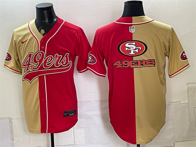 Men's San Francisco 49ers Team Big Logo Gold Red Split Stitched Jerseys
