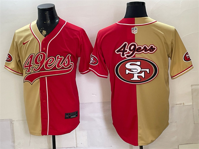 Men's San Francisco 49ers Team Big Logo Gold Red Split Stitched Baseball Jerseys