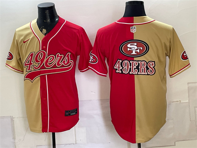 Men's San Francisco 49ers Team Big Logo Gold Red Split Stitched Baseball Jersey
