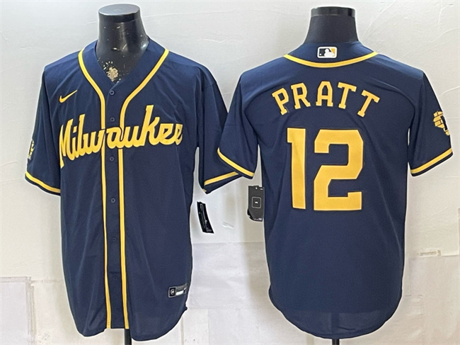 Men's Milwaukee Brewers #12 Cooper Pratt Navy Stitched Baseball Jersey