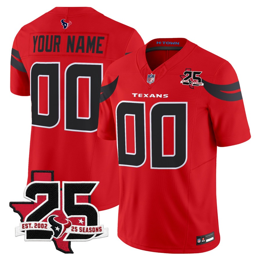 Houston Texans 25th Year Anniversary Patch Vapor Limited Custom Jersey Red - All Stitched