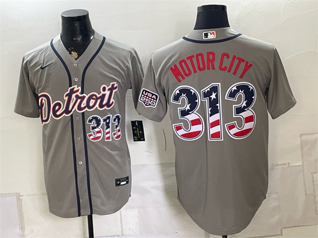 Men's Detroit Tigers #313 Motor City Grey 2026 USA 250 Fourth of July Stitched Baseball Jersey